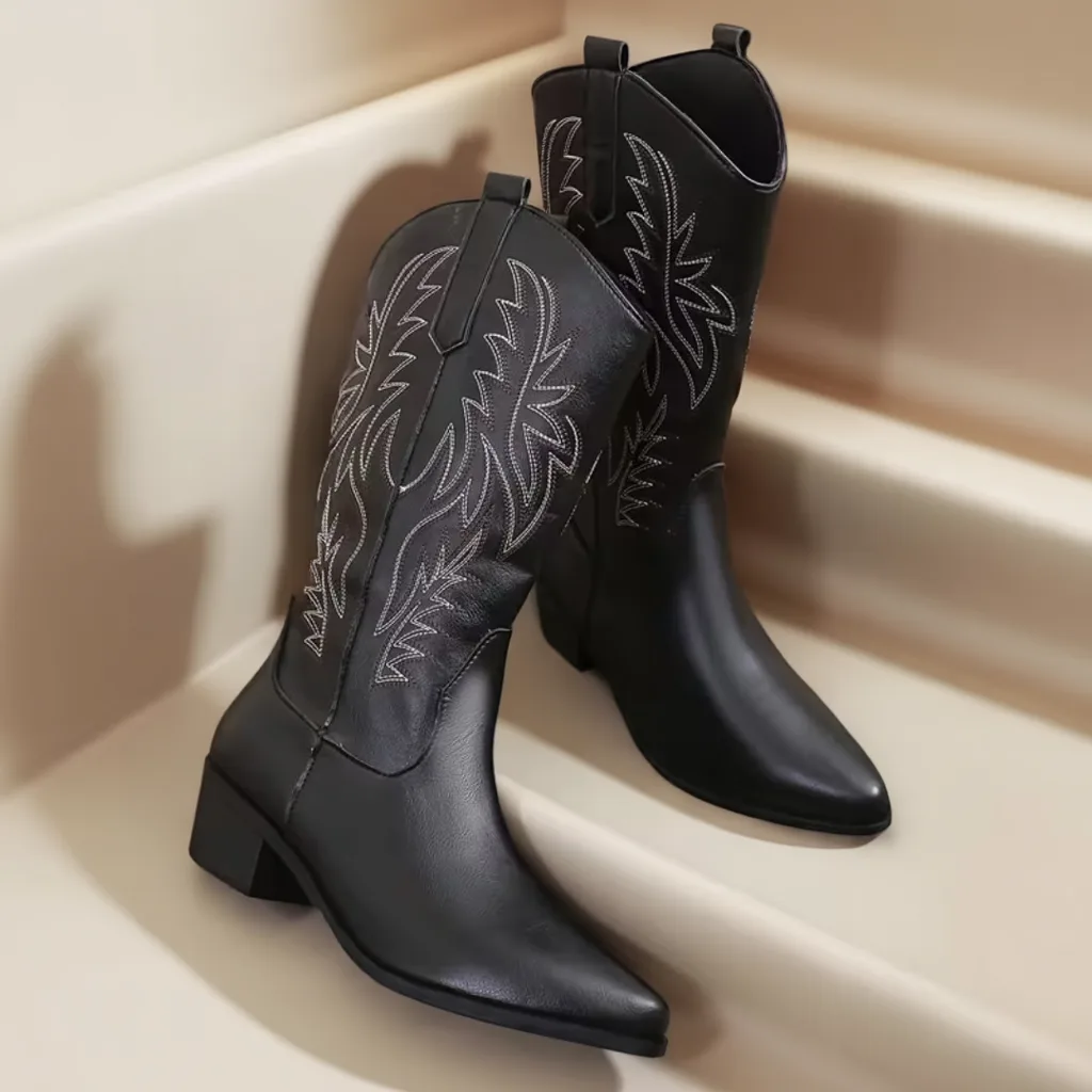Women’s Embroidered Mid-Calf Western Boots, Pointed Toe, Slip-On 2 women cowboy boots
