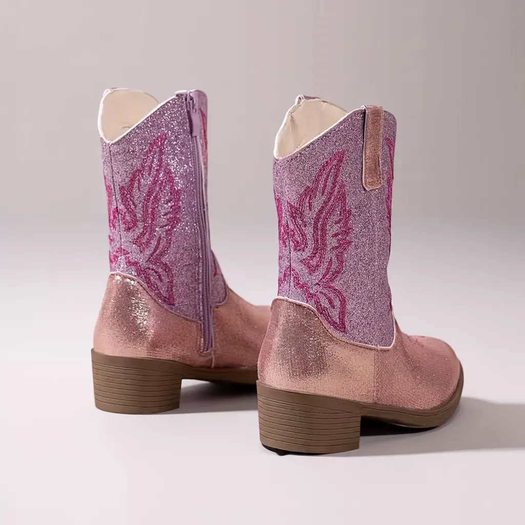Girls’ Pink Sequin Mid-Calf Boots, Square Toe, Zip Closure, Casual Wear 4 kids cowboy boots