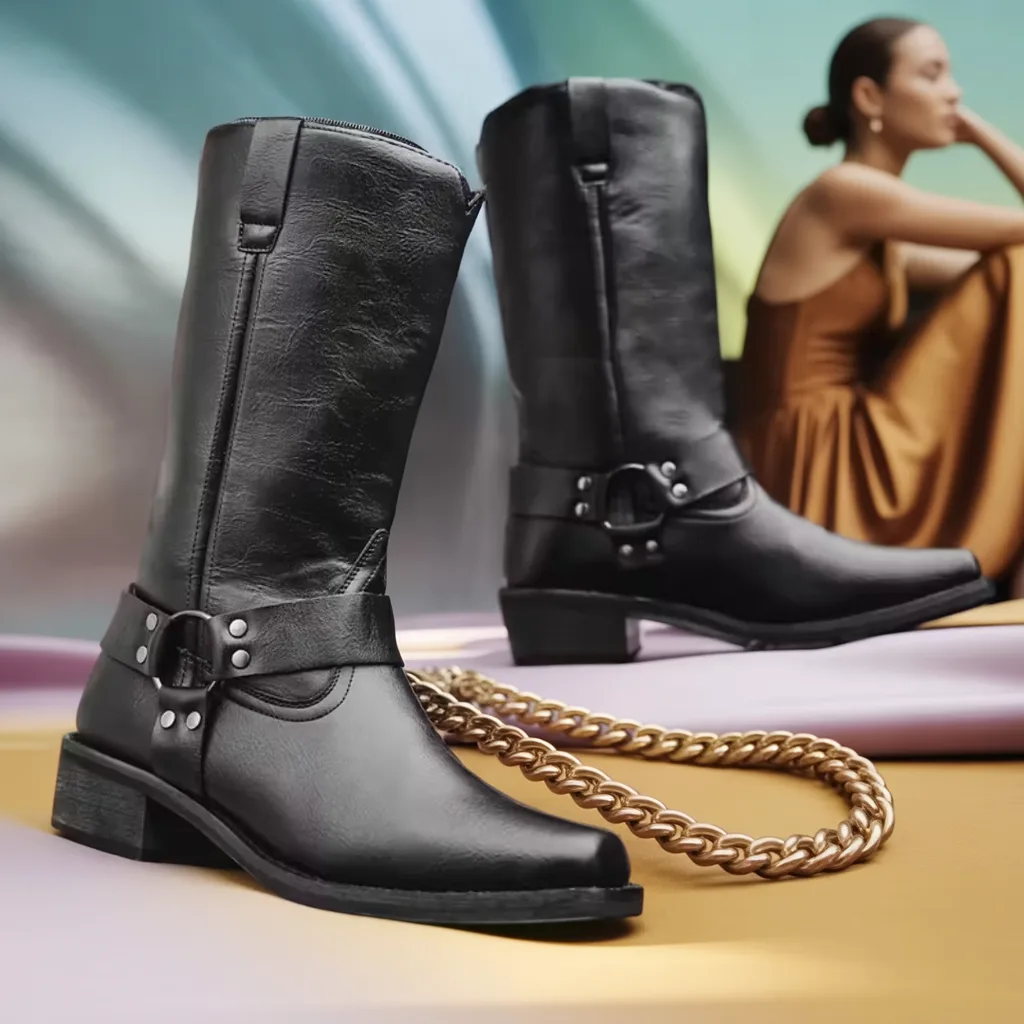 Men’s Square Toe Western Cowboy Boots, Harness Strap Slip-On Motorcycle Style, Harness Strap Slip-On Motorcycle Style 4 men's cowboy boots