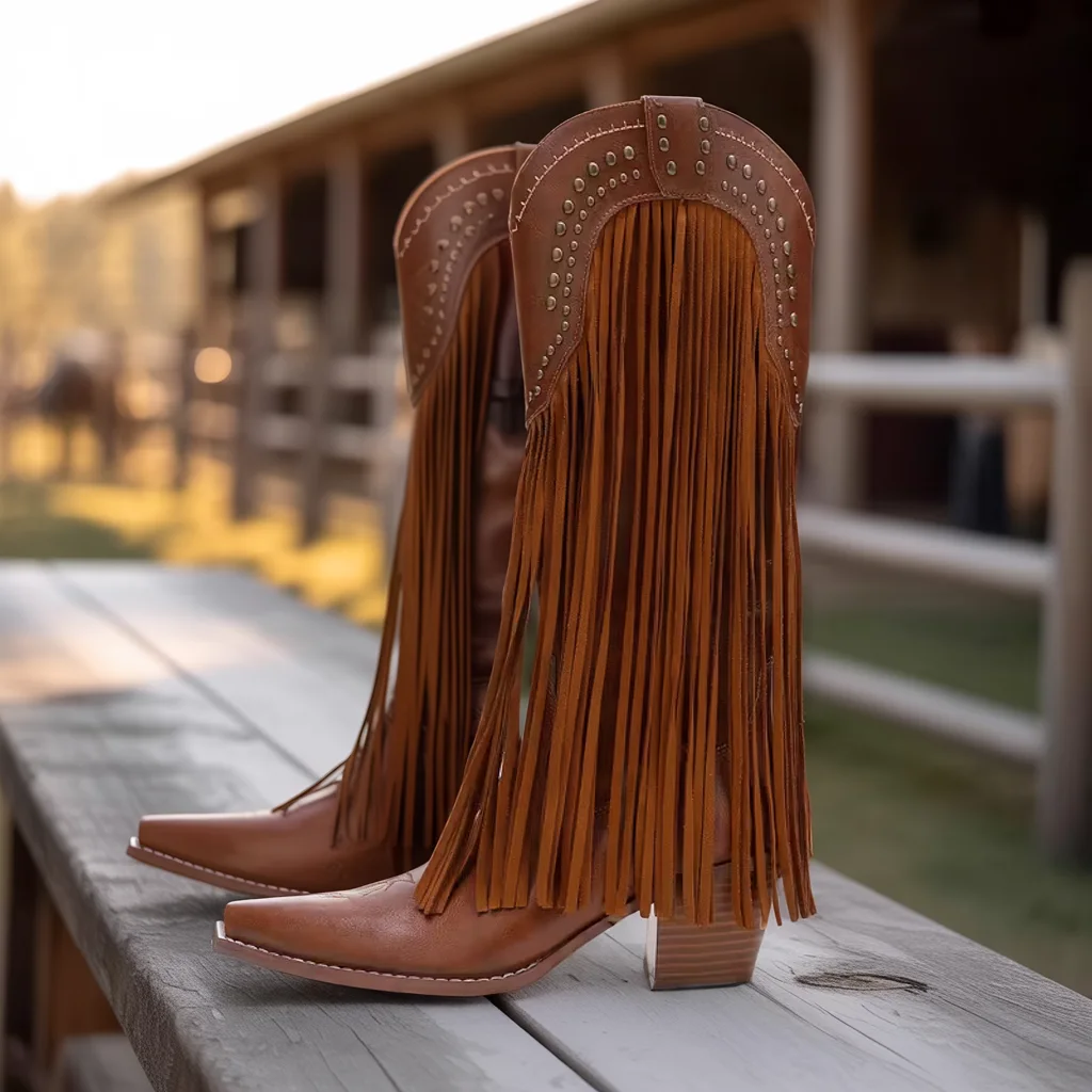 Women’s Vintage Western Ankle Boots, Round Toe, Chunky Heel Zip Style 2 fringe cowgirl boots