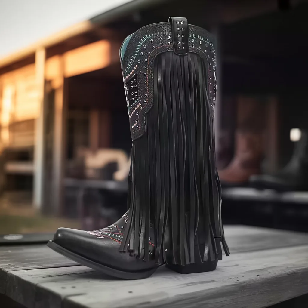 Women’s Fringe Western Mid-Calf Boots, Pointed Toe, Chunky Heel Slip-On 1 fringe cowgirl boots