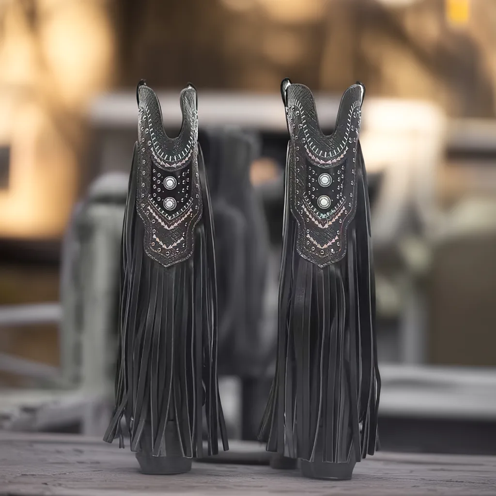 Women’s Fringe Western Mid-Calf Boots, Pointed Toe, Chunky Heel Slip-On 3 fringe cowgirl boots