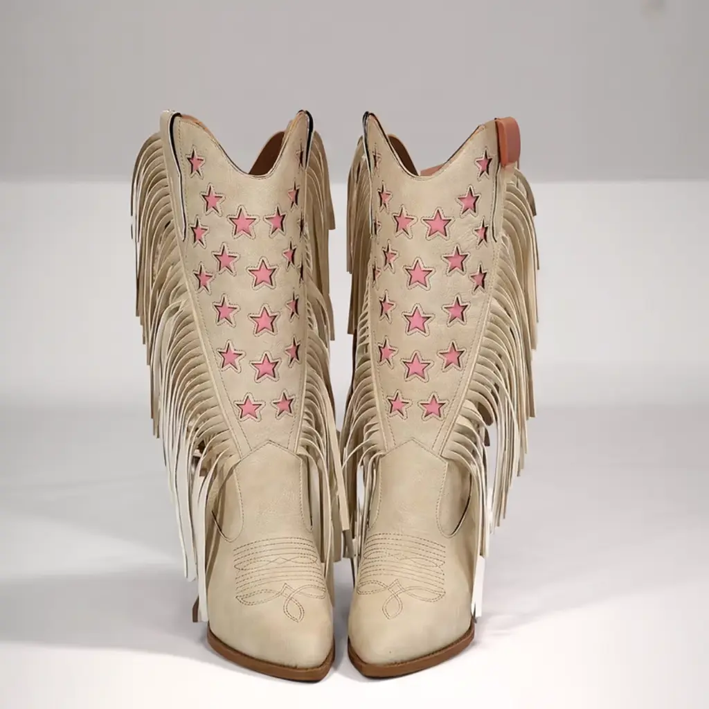 Women’s Western Cowboy Boots, Pointed Toe, Pink Star Embroidery, Chunky Heel 2 Western cowboy boots