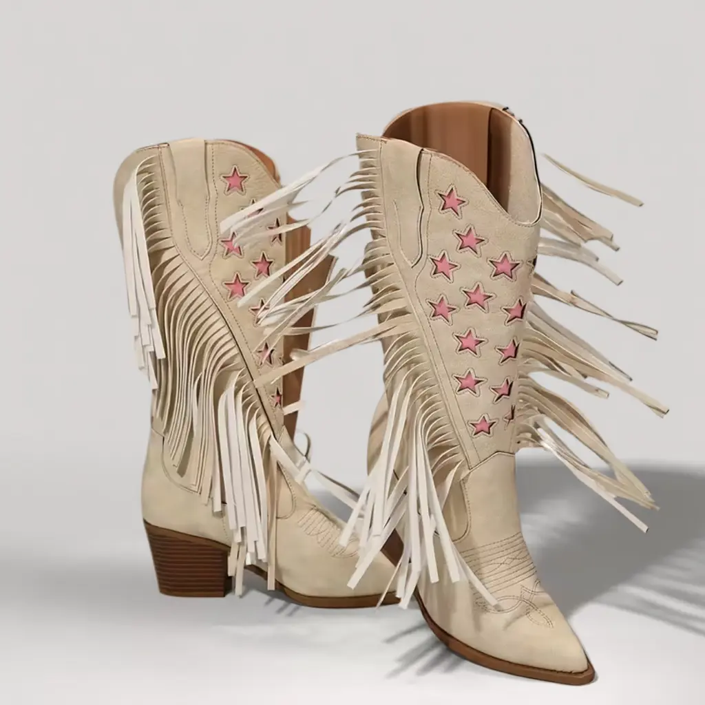 Women’s Western Cowboy Boots, Pointed Toe, Pink Star Embroidery, Chunky Heel 4 Western cowboy boots