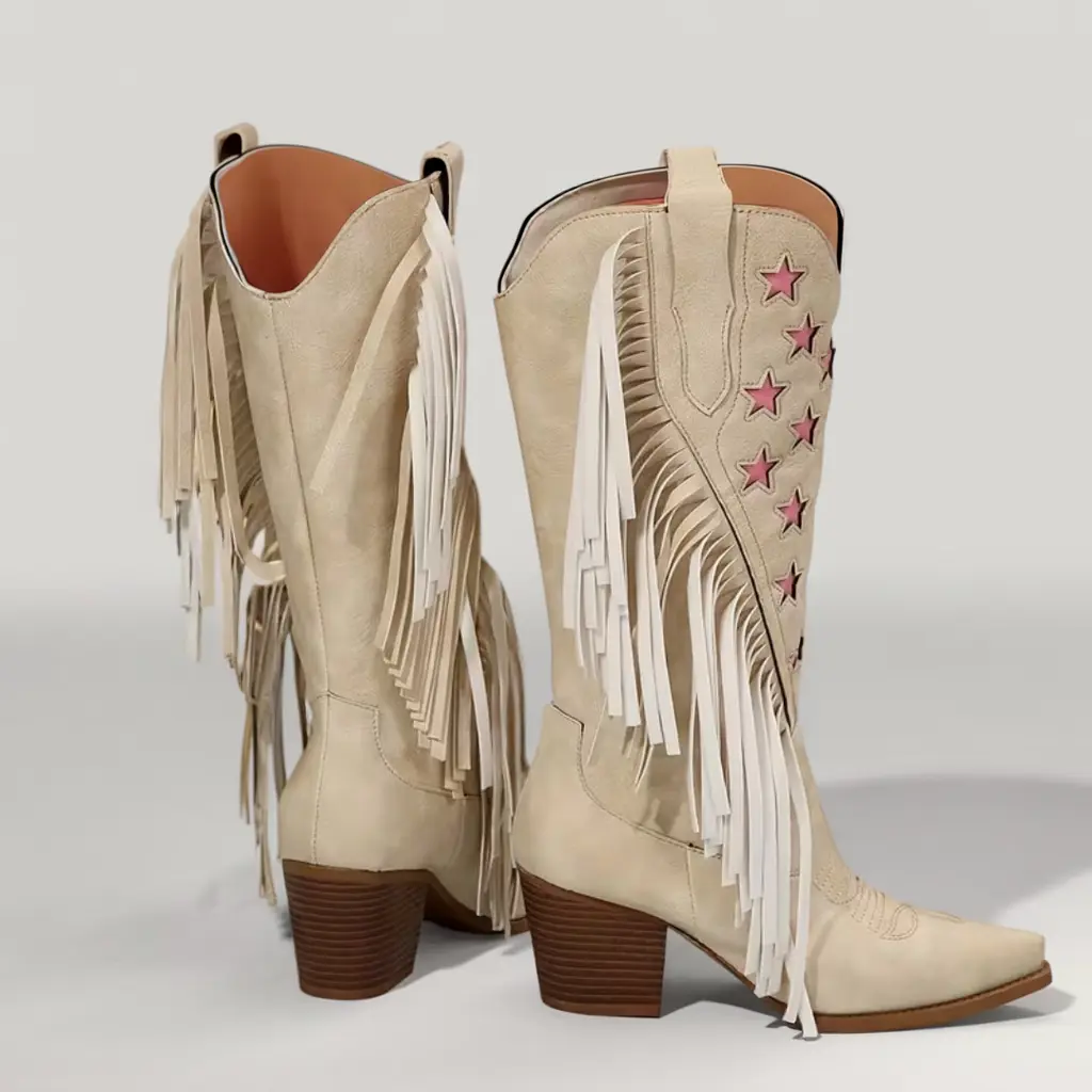 Women’s Western Cowboy Boots, Pointed Toe, Pink Star Embroidery, Chunky Heel 3 Western cowboy boots