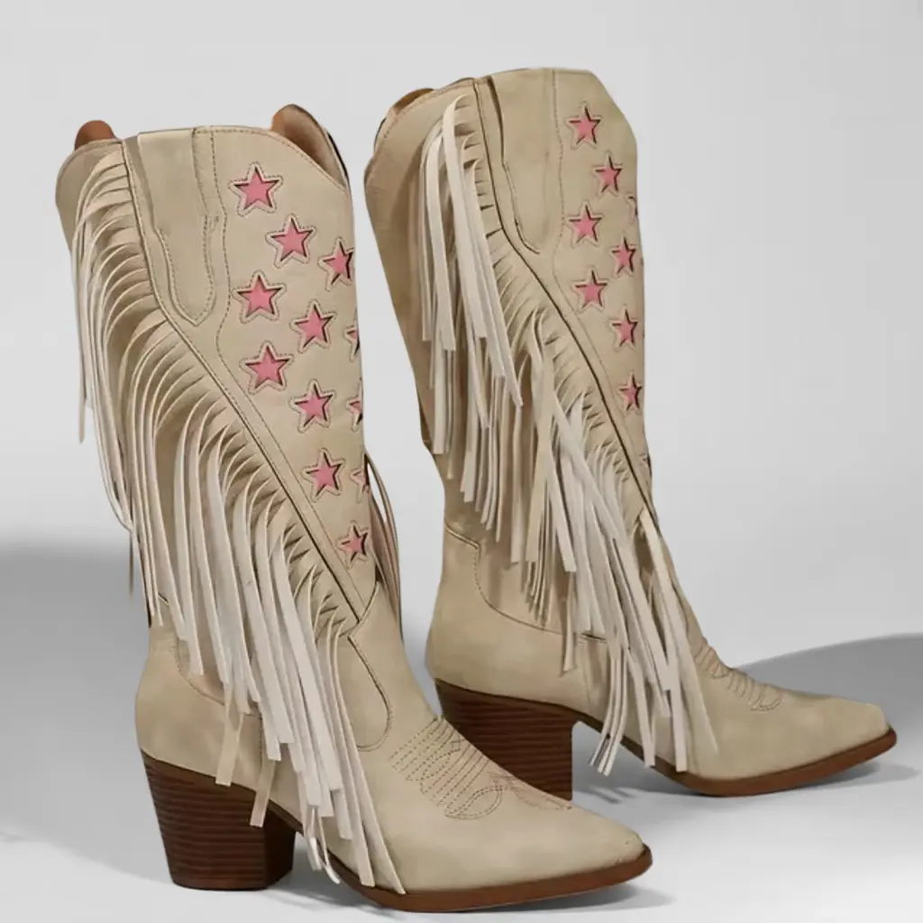 Women’s Western Cowboy Boots, Pointed Toe, Pink Star Embroidery, Chunky Heel 1 Western cowboy boots