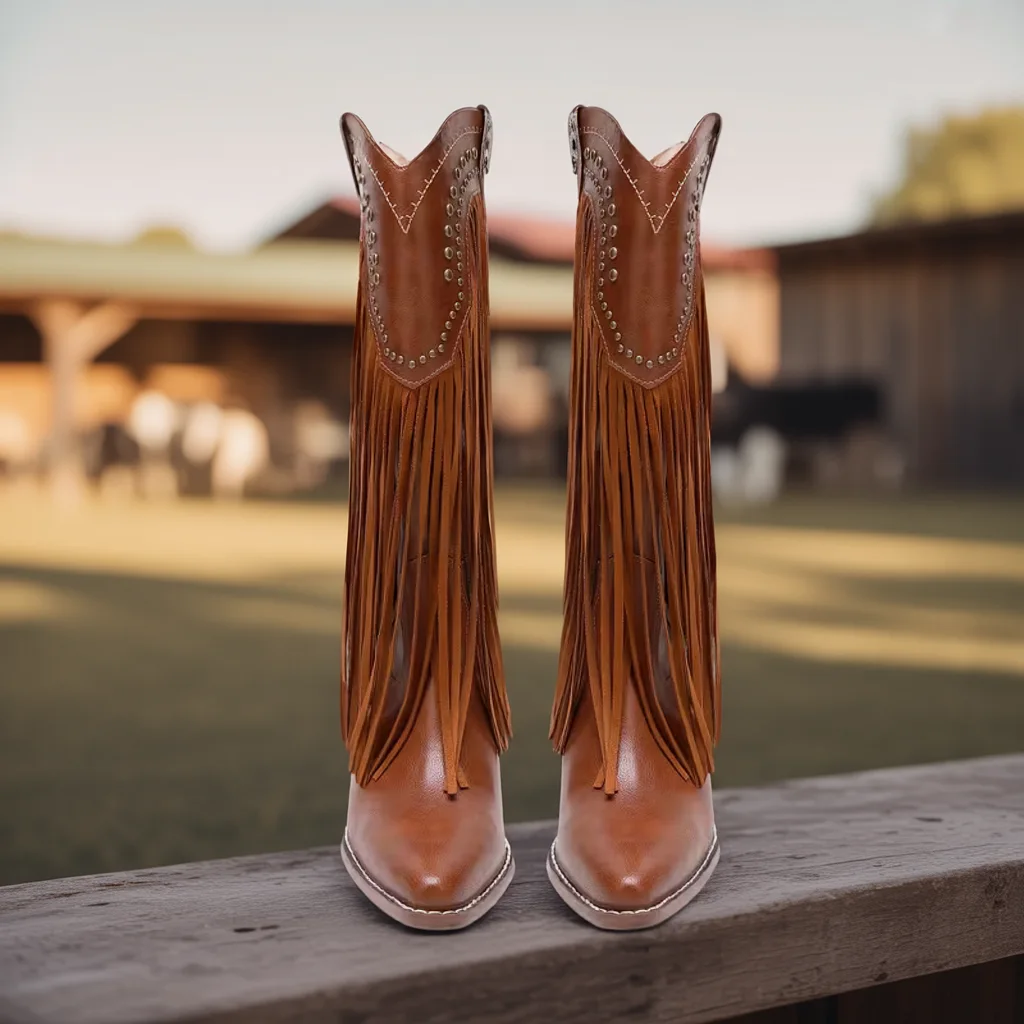 Women’s Vintage Western Ankle Boots, Round Toe, Chunky Heel Zip Style 3 fringe cowgirl boots