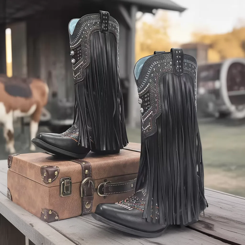 Women’s Fringe Western Mid-Calf Boots, Pointed Toe, Chunky Heel Slip-On 2 fringe cowgirl boots