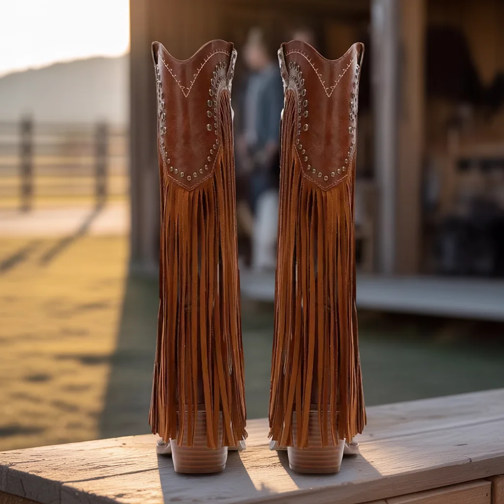 Women’s Vintage Western Ankle Boots, Round Toe, Chunky Heel Zip Style 4 fringe cowgirl boots