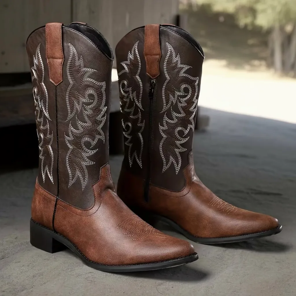 Men’s brown Slip-On Boots, Casual Street Style, All-Season Wear 2 cowboy boots mens