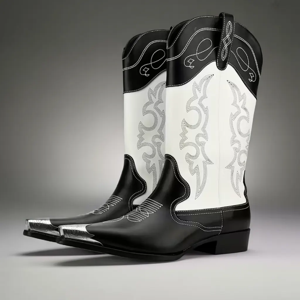 Men’s Black and White Cowboy Boots, Pointed Toe Slip-On, Retro Casual Motorcycle Style 3 men's cowboy boots