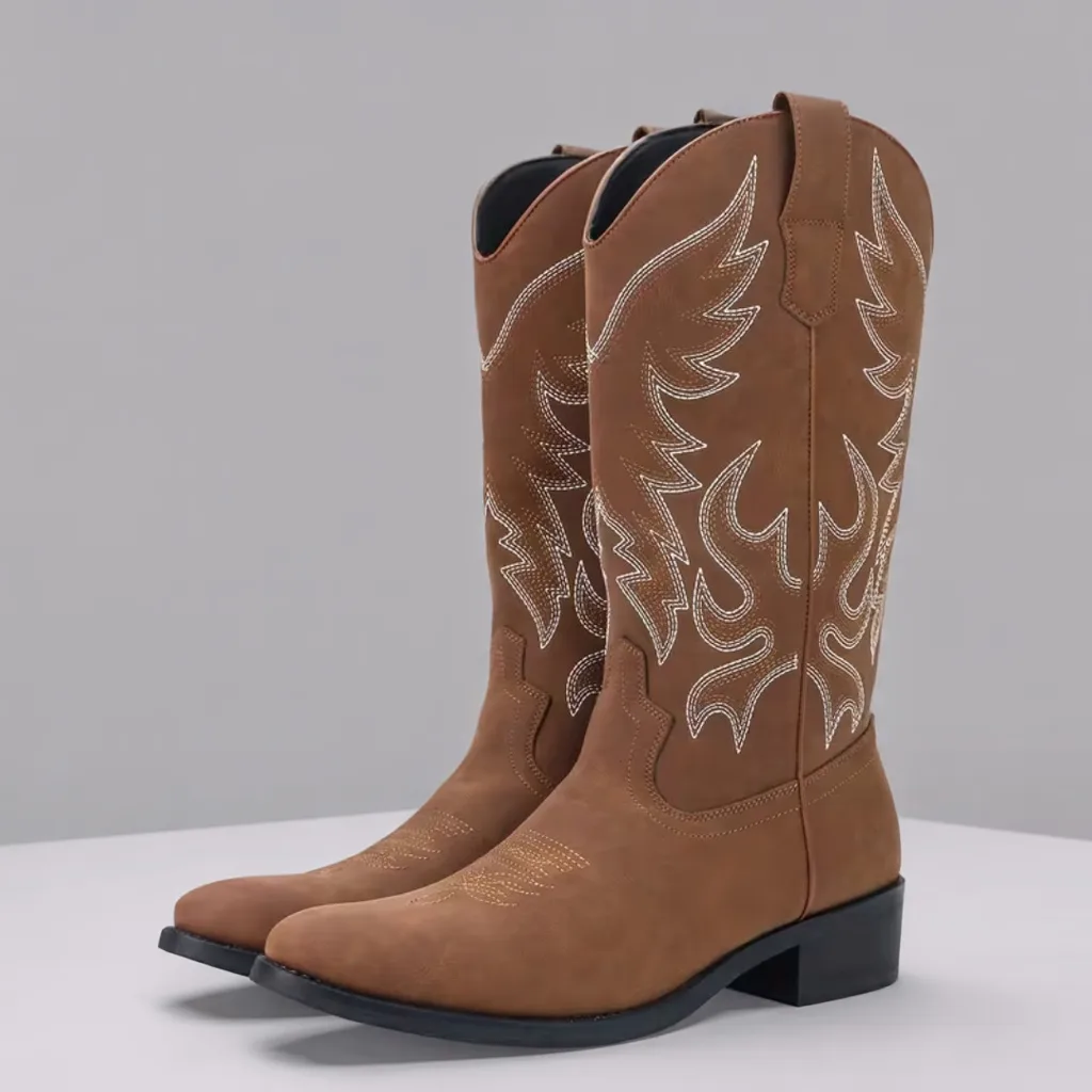 Men’s Retro Embroidered Western Cowboy Boots, Ankle-High Slip-On 2 men's cowboy boots