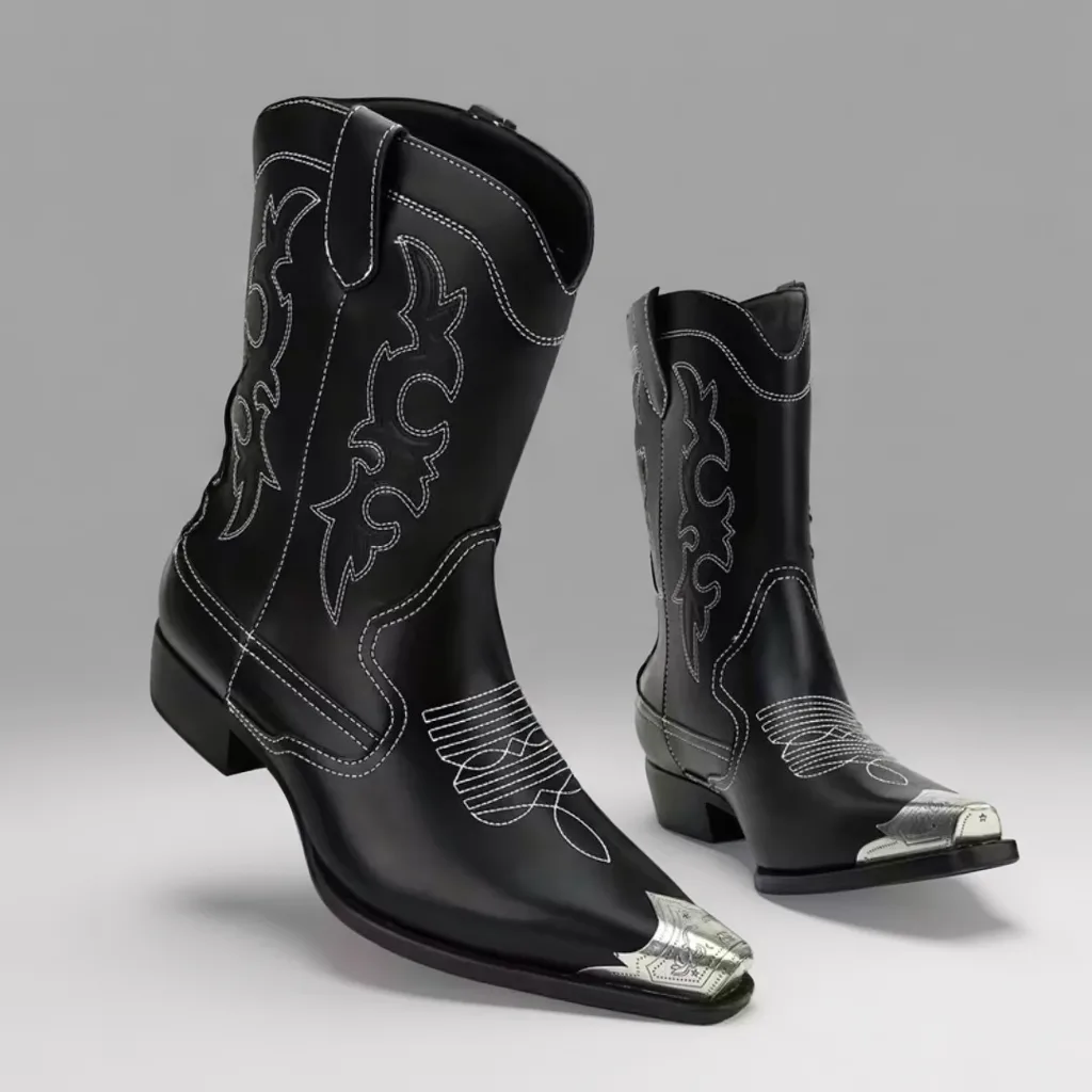 Men’s Pointed Toe Cowboy Boots, Retro Colour-Block Design, Slip-On Casual Motorcycle Boots 3 men's cowboy boots