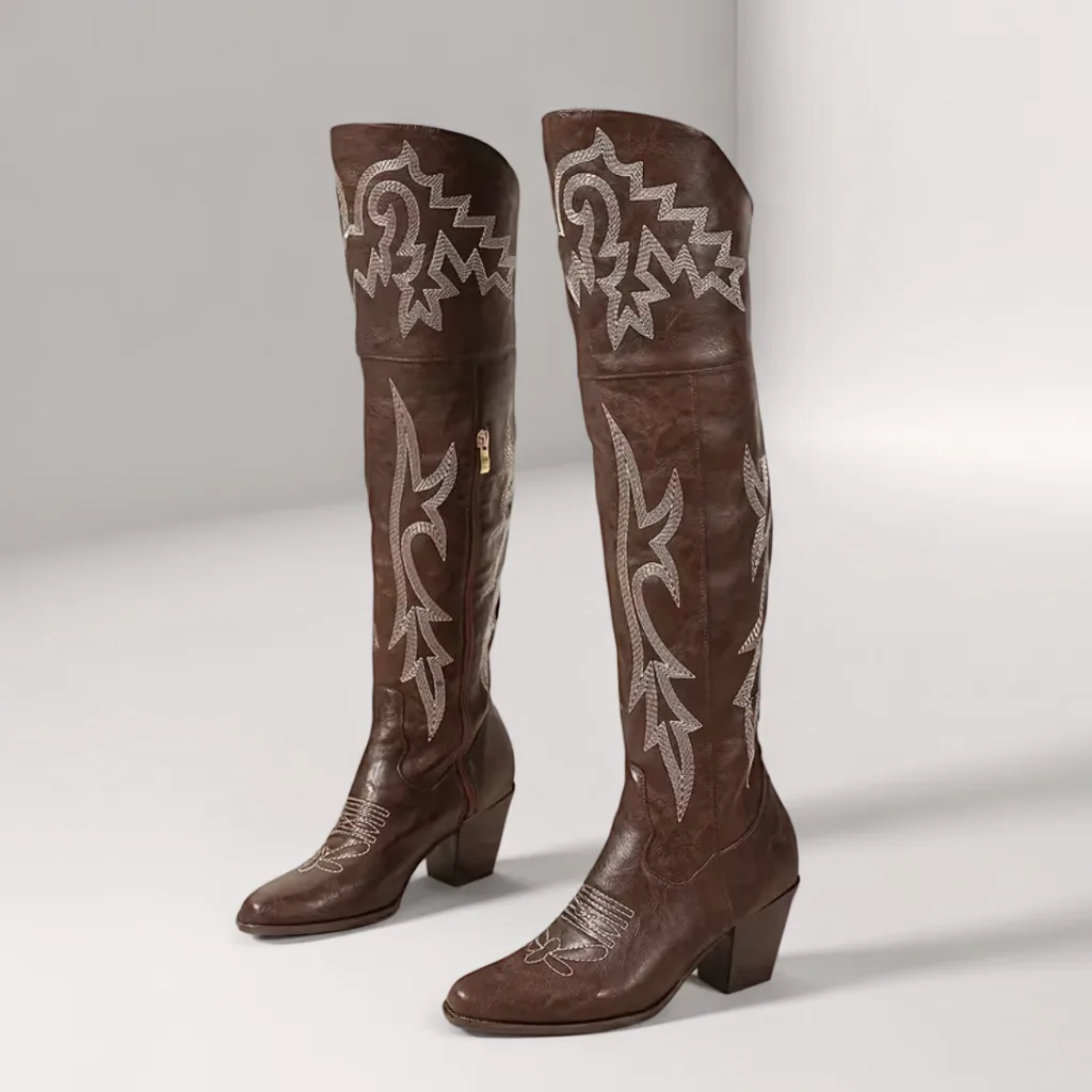 Women’s Dark Brown Knee-High Western Boots, Pointed Toe, Block Heel 1 men's cowboy boots