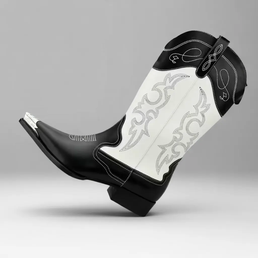 Men’s Black and White Cowboy Boots, Pointed Toe Slip-On, Retro Casual Motorcycle Style 2 men's cowboy boots