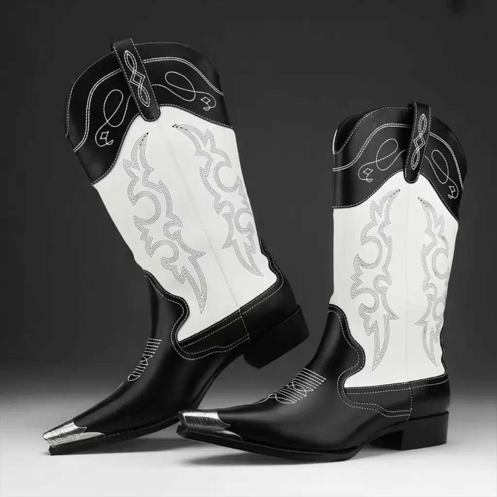 Men’s Black and White Cowboy Boots, Pointed Toe Slip-On, Retro Casual Motorcycle Style 4 men's cowboy boots