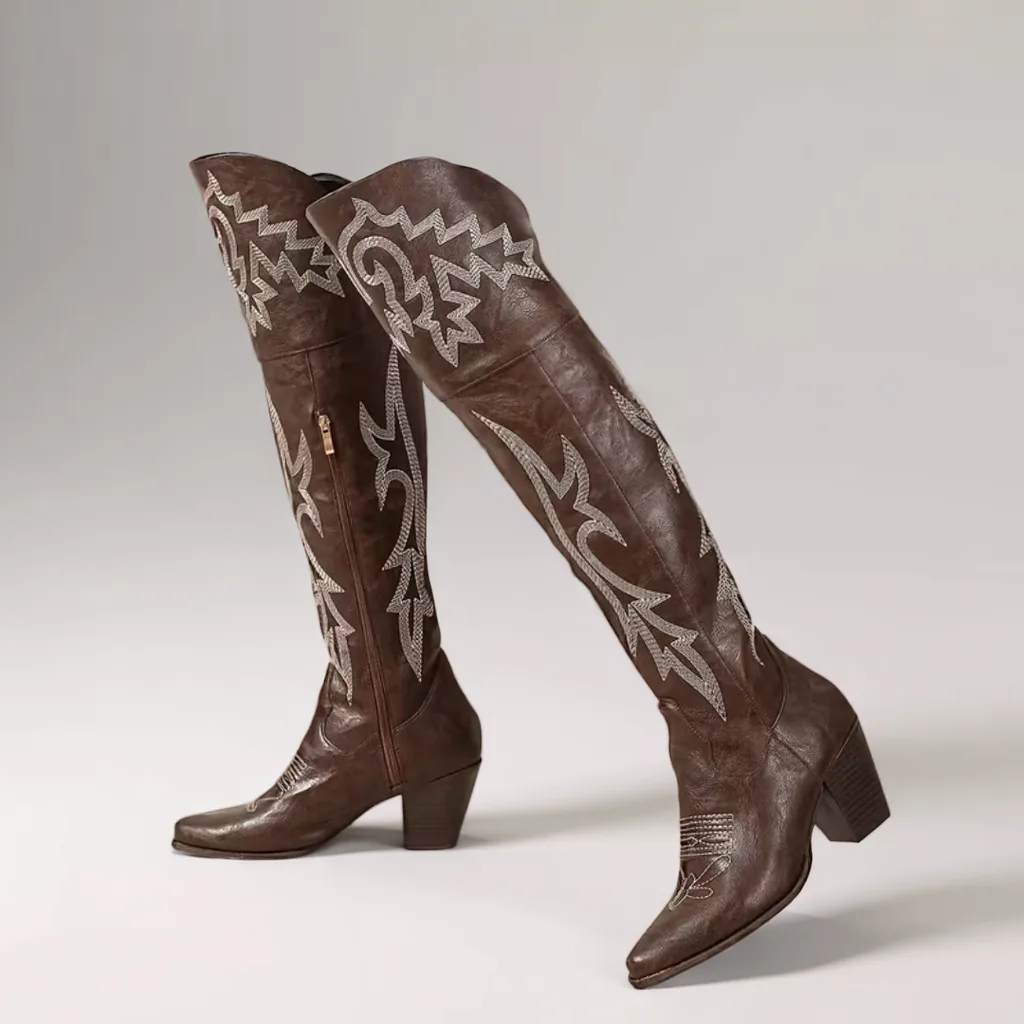 Women’s Dark Brown Knee-High Western Boots, Pointed Toe, Block Heel 2 men's cowboy boots