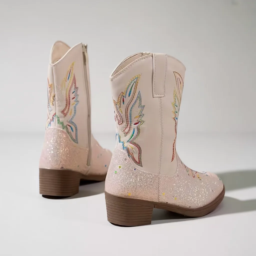 Girls’ Shiny Mid-Calf Western Boots, Pointed Toe, Zip Closure 4 kids cowboy boots