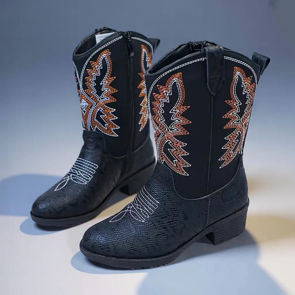 Girls’ Black Western Cowboy Boots, Mid-Calf Pointed Toe, Zip Closure 1 kids cowboy boots