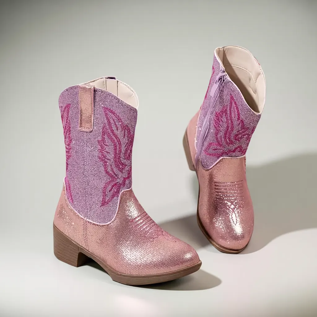 Girls’ Pink Sequin Mid-Calf Boots, Square Toe, Zip Closure, Casual Wear 3 kids cowboy boots