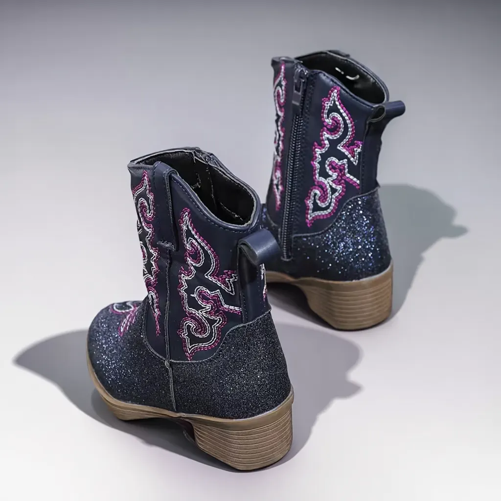 Girls’ Casual Denim Boots, Mid-Calf Zipper Style, Floral Detail 4 kids cowboy boots