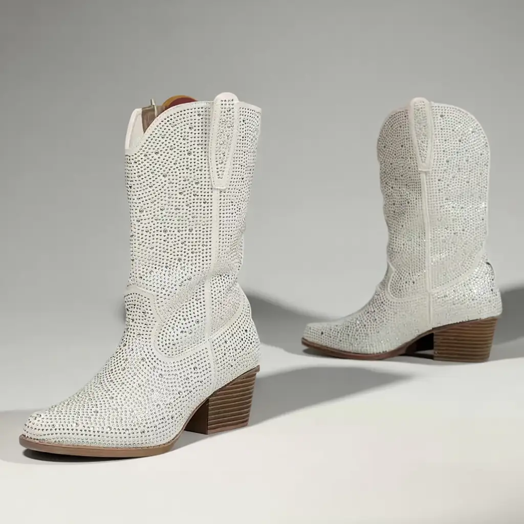 FOMOTI Women’s Vintage Western Boots, White Pointed Toe, Mid-Heel Zip 2 women cowboy boots