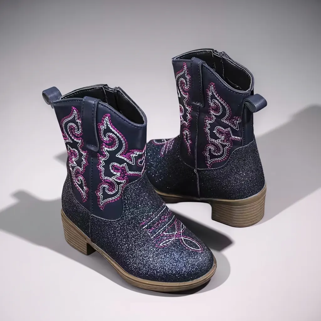 Girls’ Casual Denim Boots, Mid-Calf Zipper Style, Floral Detail 2 kids cowboy boots