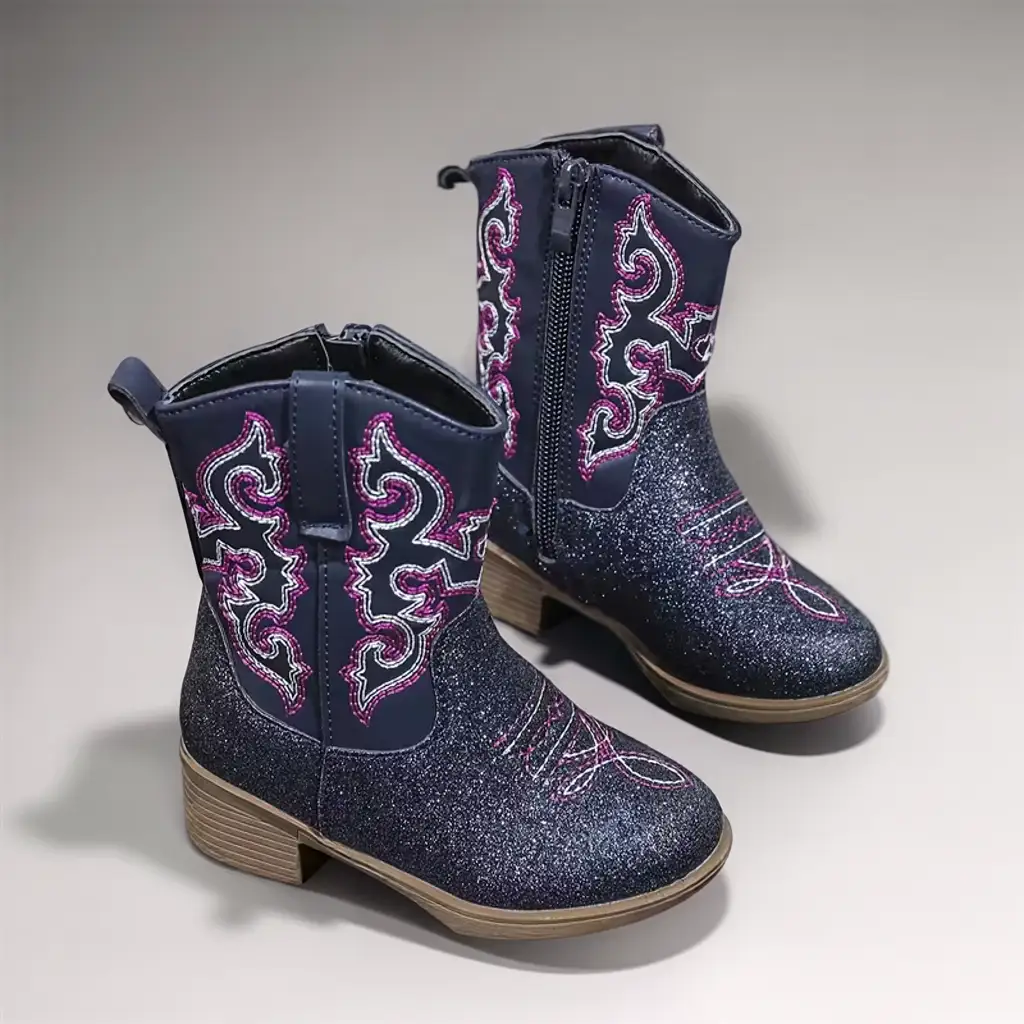 Girls’ Casual Denim Boots, Mid-Calf Zipper Style, Floral Detail 1 kids cowboy boots