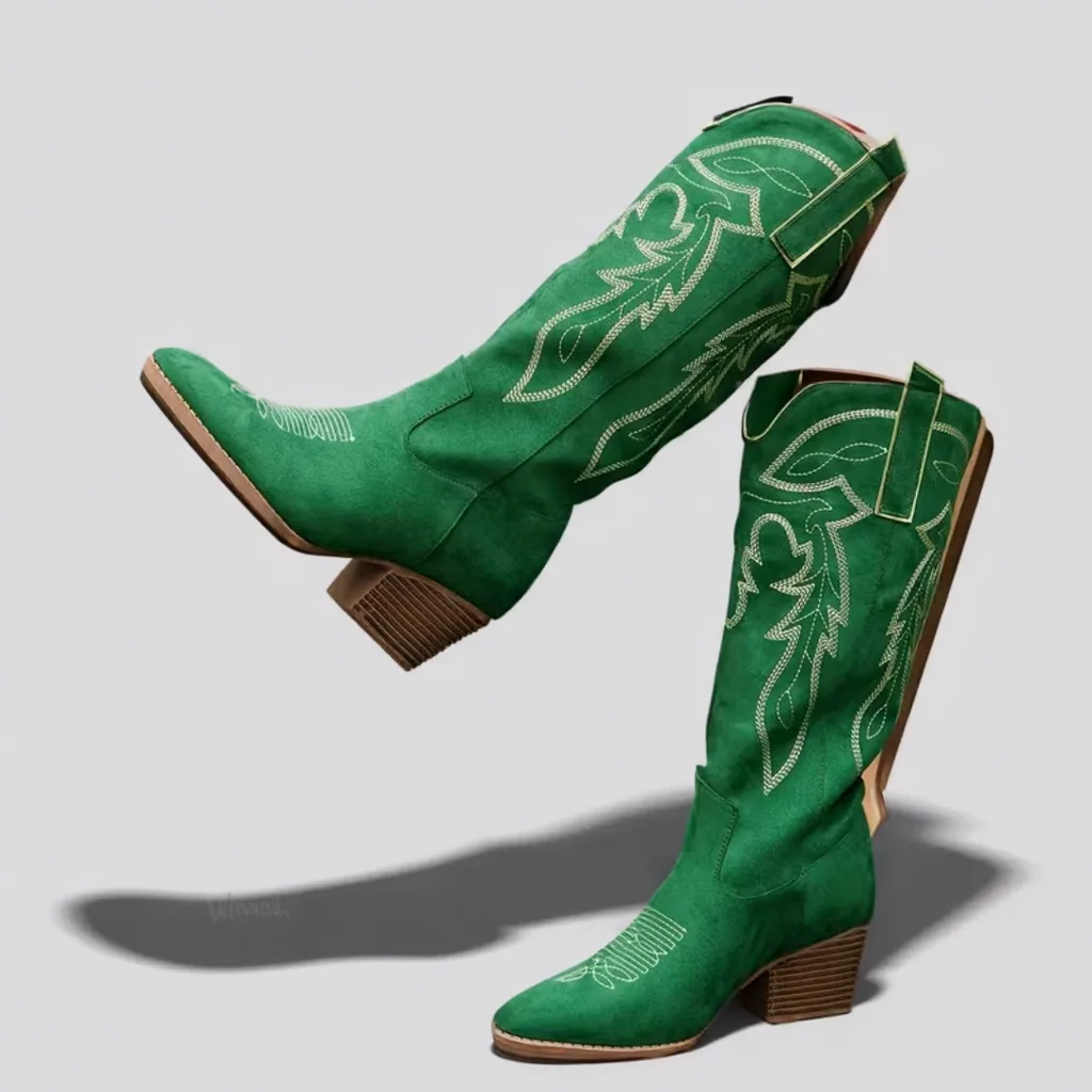 Women’s Green Western Cowboy Boots, Pointed Toe, Gold Trim High Heel 2 women cowboy boots