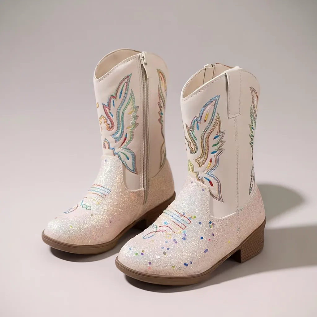 Girls’ Shiny Mid-Calf Western Boots, Pointed Toe, Zip Closure 1 kids cowboy boots