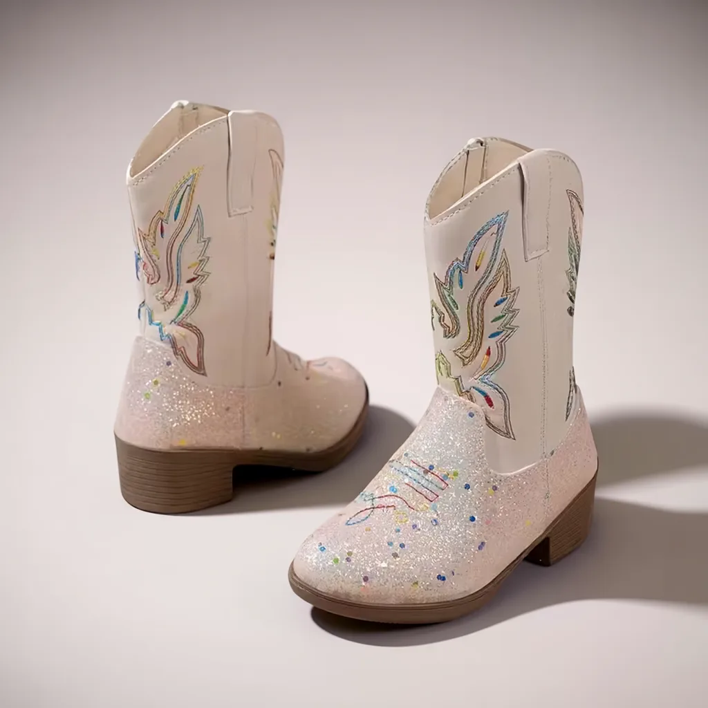 Girls’ Shiny Mid-Calf Western Boots, Pointed Toe, Zip Closure 2 kids cowboy boots