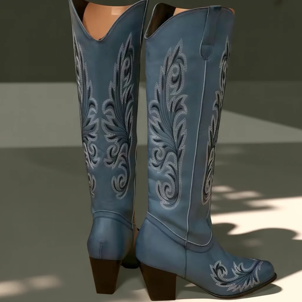 Women’s Blue Floral Embroidered Knee-High Western Boots, Chunky Heel 4 women cowboy boots