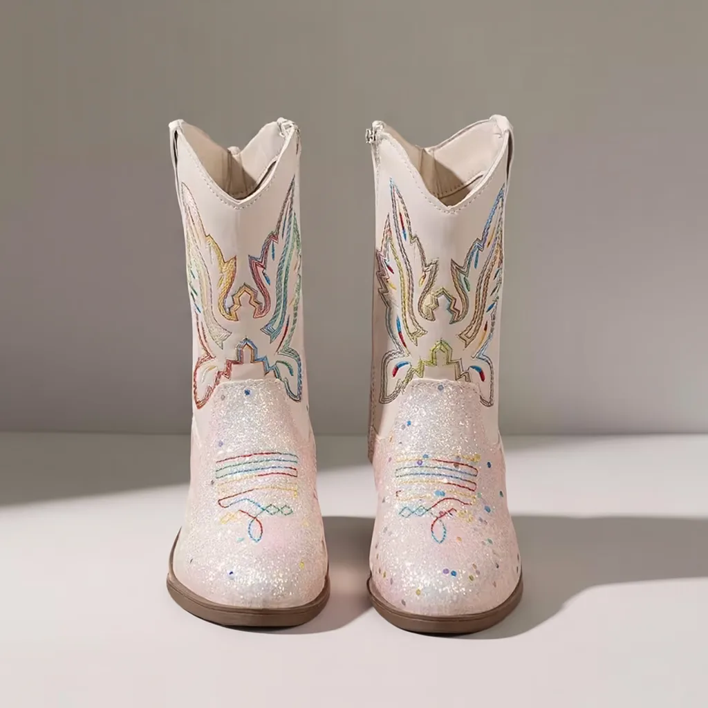 Girls’ Shiny Mid-Calf Western Boots, Pointed Toe, Zip Closure 3 kids cowboy boots