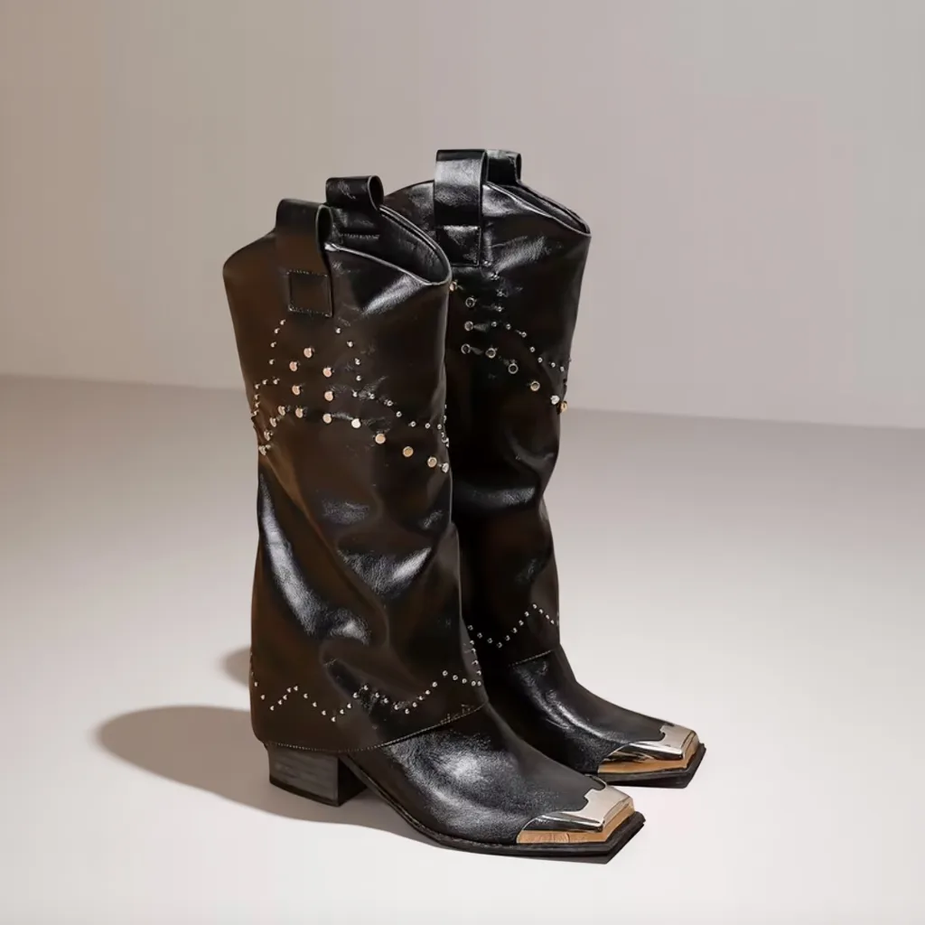 Women’s Vintage Knee-High Western Boots, Square Toe, Low Block Heel Slip-On 1 women cowboy boots