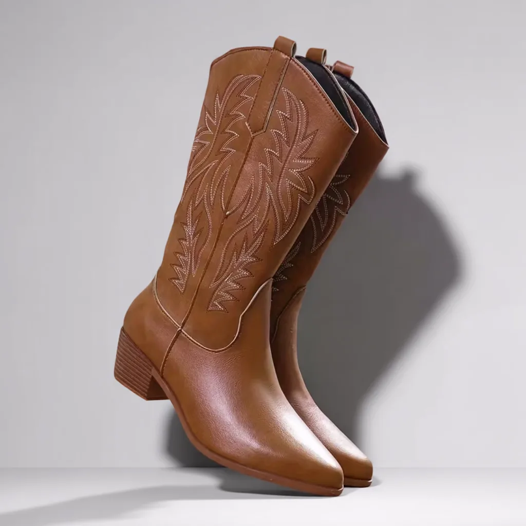 Women’s Vintage Western Cowboy Boots, Mid-Calf Slip-On, Pointed Toe 3 women cowboy boots