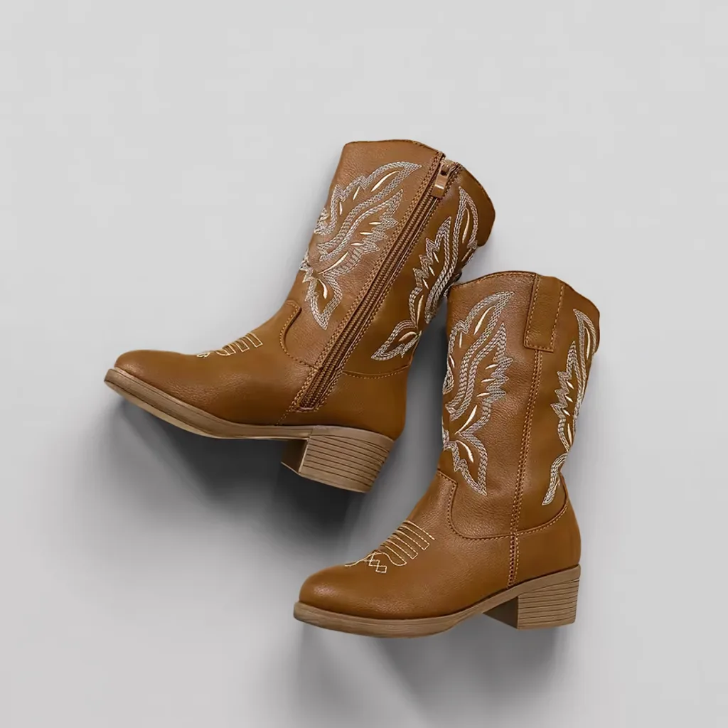 Girls’ Vintage Western Boots, Mid-Calf Pointed Toe, Floral Embroidery 2 kids cowboy boots