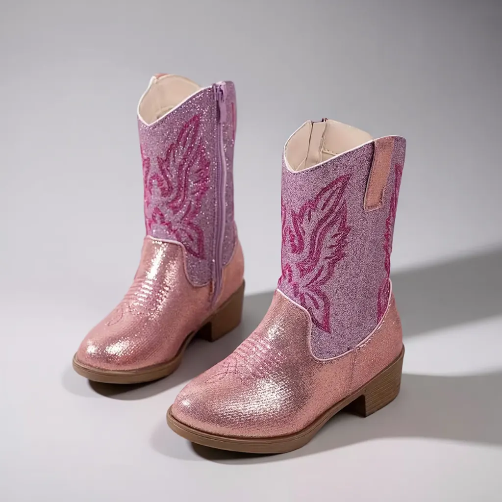 Girls’ Pink Sequin Mid-Calf Boots, Square Toe, Zip Closure, Casual Wear 1 kids cowboy boots