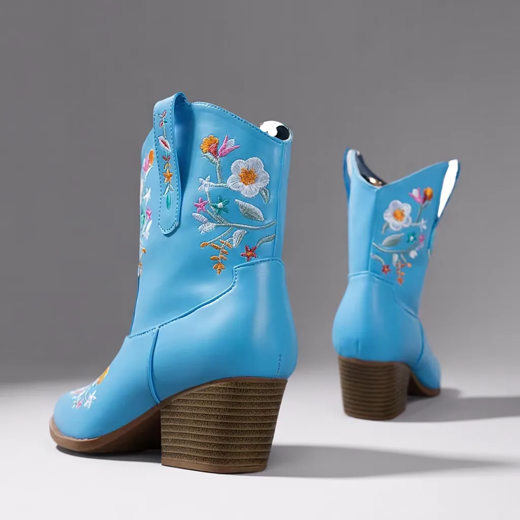 Women’s Floral Embroidered Mid-Calf Cowboy Boots, Pointed Toe, Block Heel 3 women cowboy boots