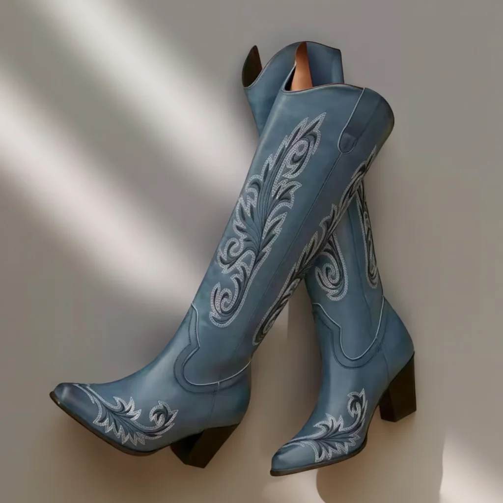 Women’s Blue Floral Embroidered Knee-High Western Boots, Chunky Heel 3 women cowboy boots