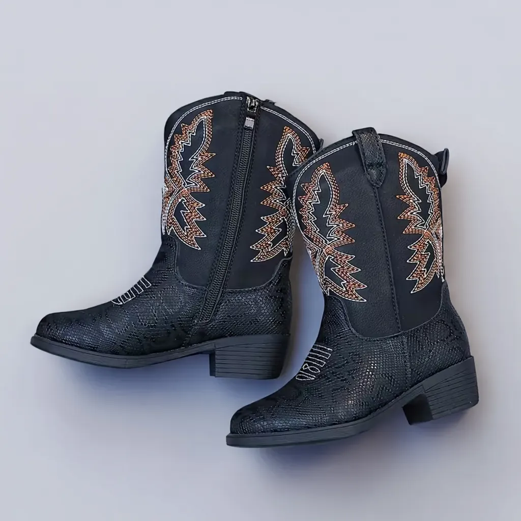 Girls’ Black Western Cowboy Boots, Mid-Calf Pointed Toe, Zip Closure 4 kids cowboy boots