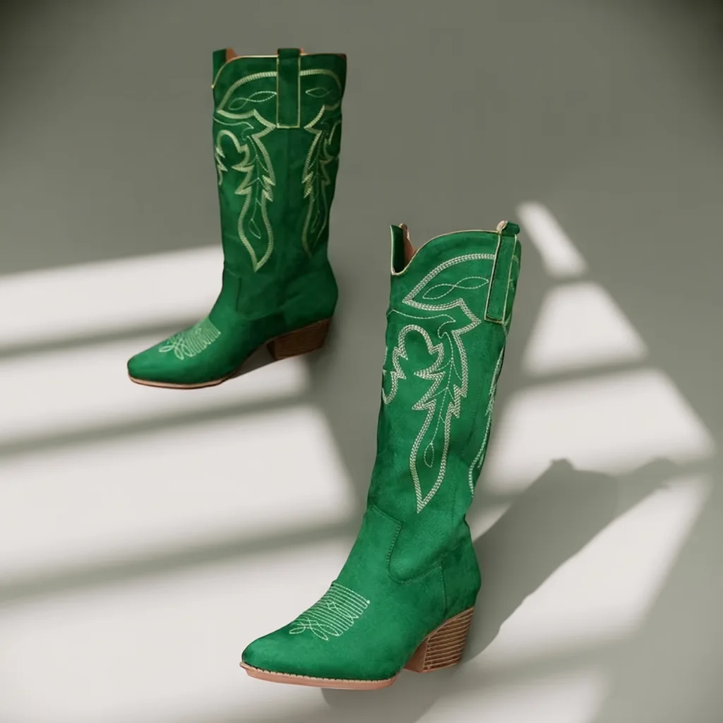 Women’s Green Western Cowboy Boots, Pointed Toe, Gold Trim High Heel 4 women cowboy boots