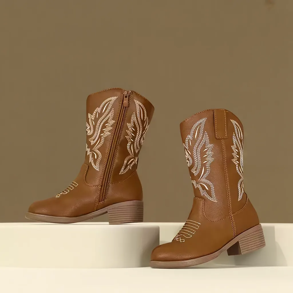 Girls’ Vintage Western Boots, Mid-Calf Pointed Toe, Floral Embroidery 4 kids cowboy boots