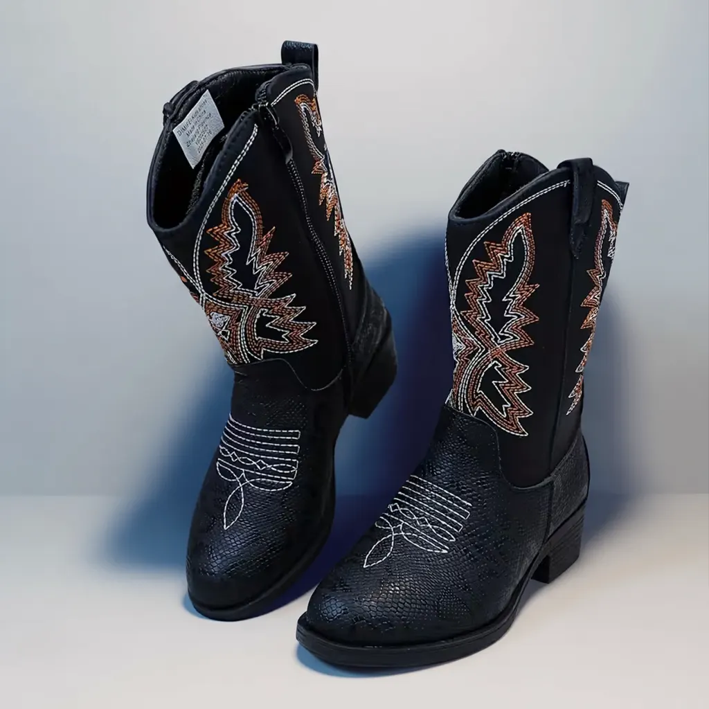 Girls’ Black Western Cowboy Boots, Mid-Calf Pointed Toe, Zip Closure 3 kids cowboy boots