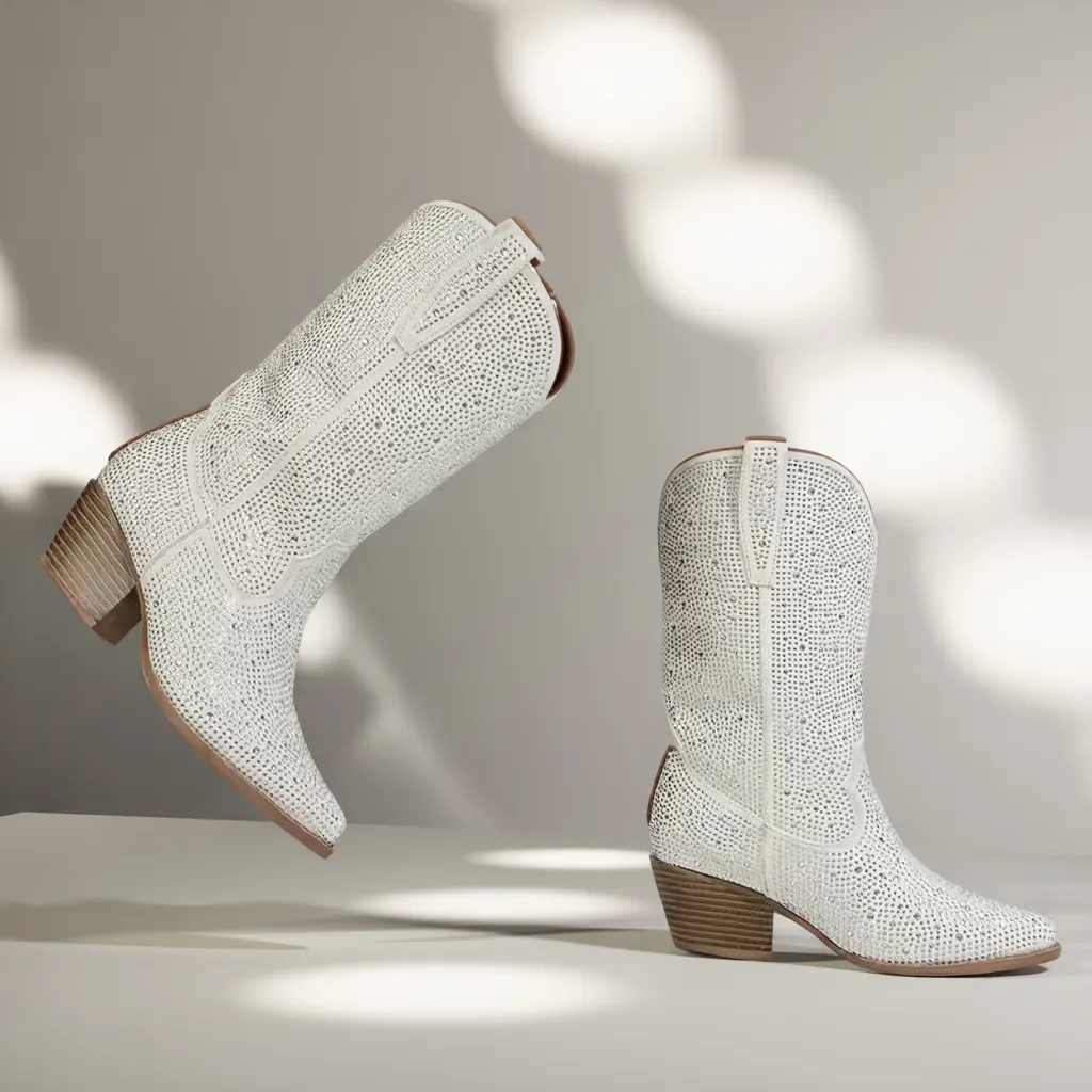 FOMOTI Women’s Vintage Western Boots, White Pointed Toe, Mid-Heel Zip 4 women cowboy boots