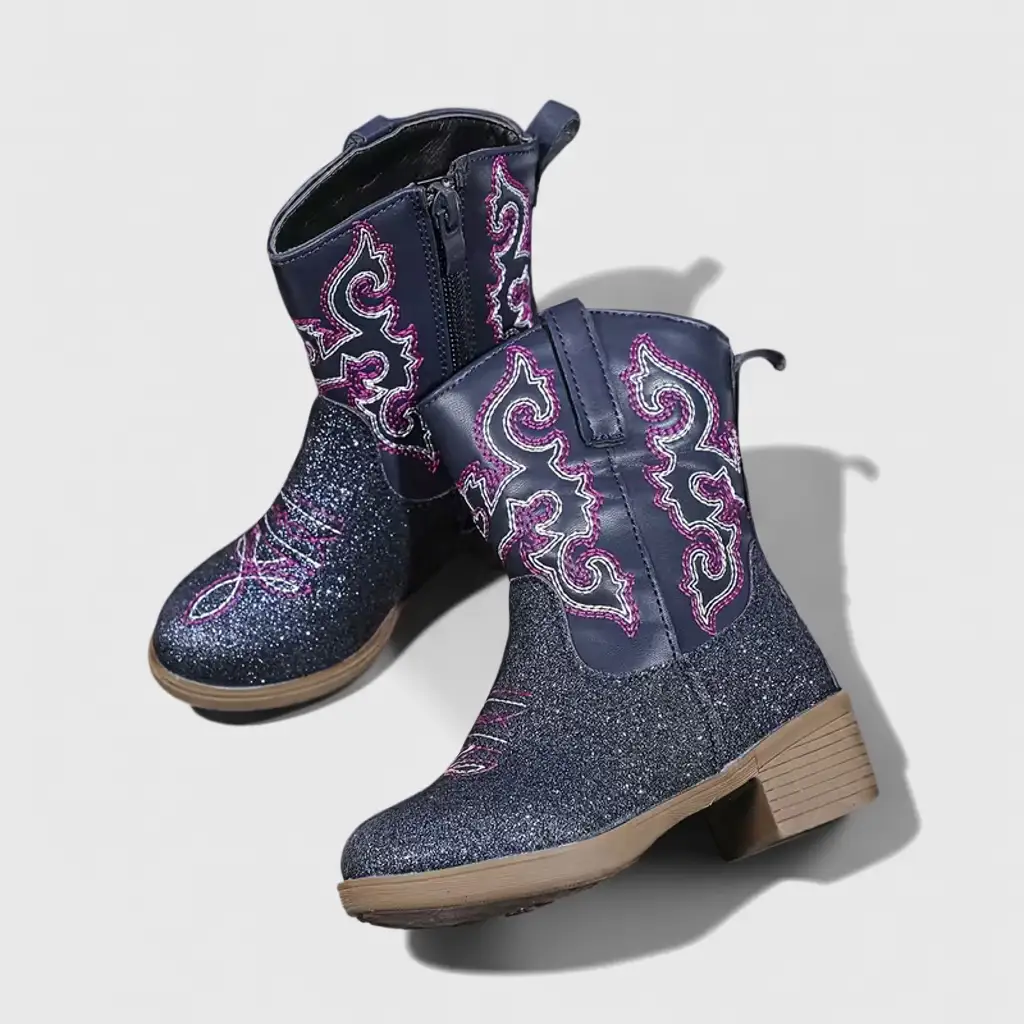 Girls’ Casual Denim Boots, Mid-Calf Zipper Style, Floral Detail 3 kids cowboy boots