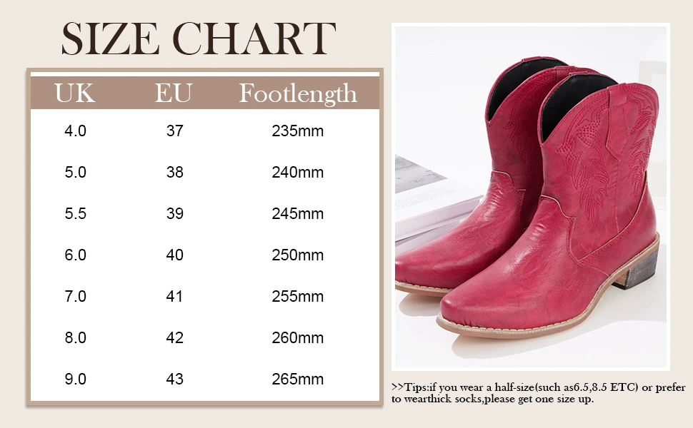 Remxi Women’s Western Ankle Boots, Pointed Toe, Chunky Heel Slip-On 6 cowboy ankle boots size chart