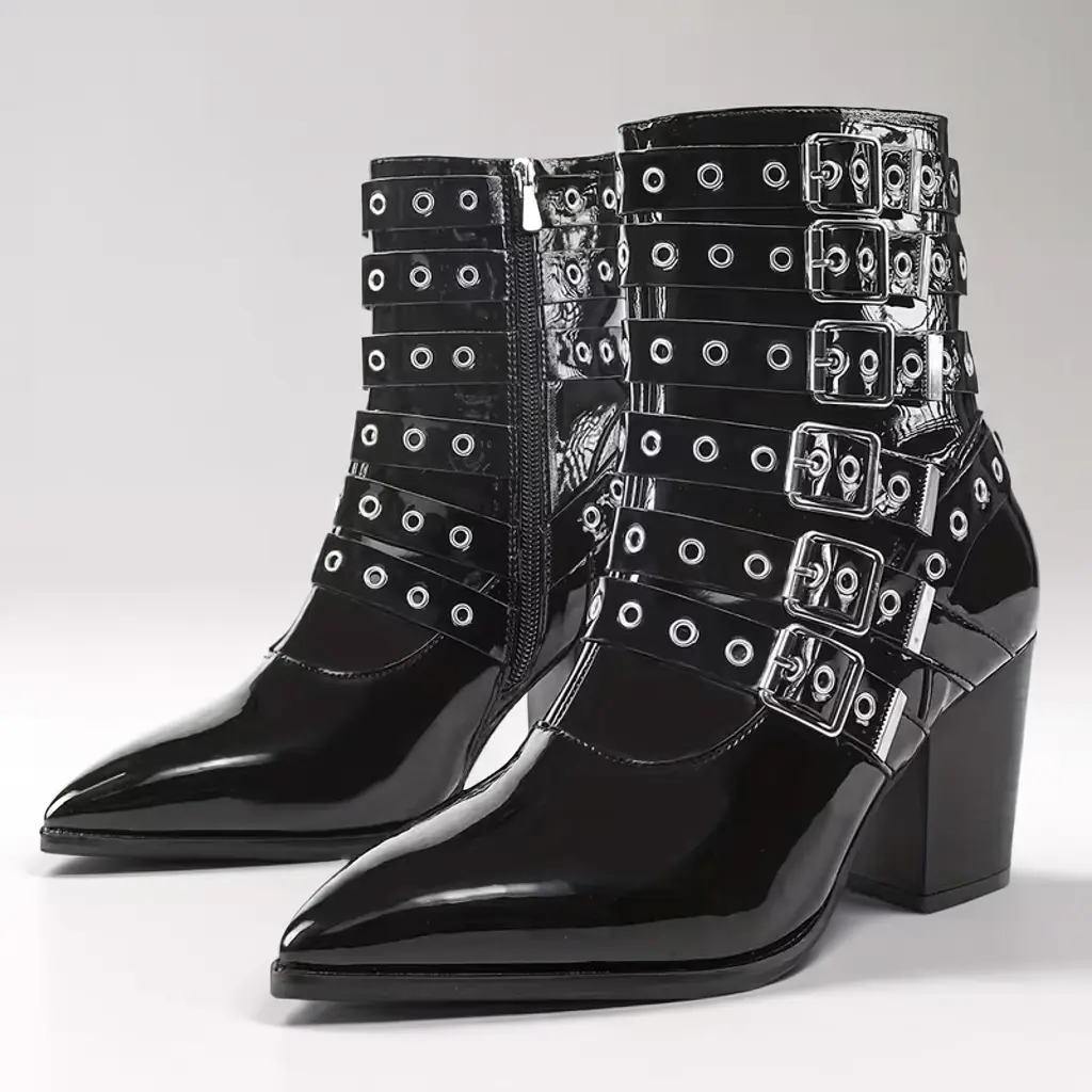 Women’s Mirror-Finish Ankle Boots, Square Toe, Block Heel with Buckles 4 cowboy boots ankle boots