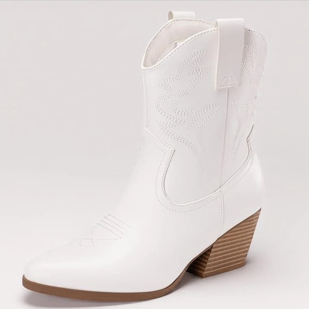 DREAM PAIRS Women’s Western Ankle Boots, Embroidered Pointed Toe, Chunky Heel 1 white ankle cowboy boots