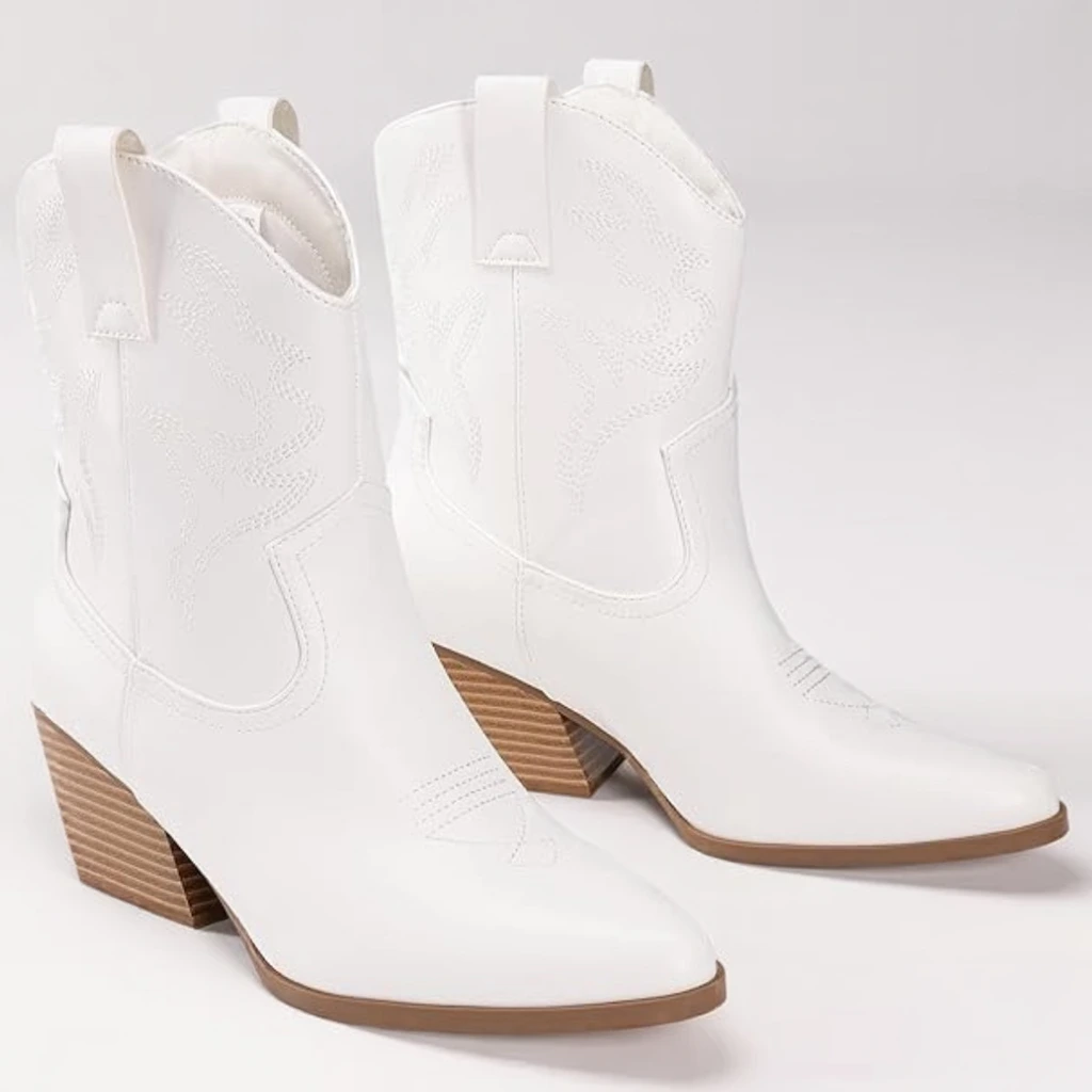 DREAM PAIRS Women’s Western Ankle Boots, Embroidered Pointed Toe, Chunky Heel 3 white ankle cowboy boots