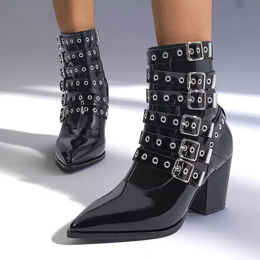 Women’s Mirror-Finish Ankle Boots, Square Toe, Block Heel with Buckles 2 cowboy boots ankle boots